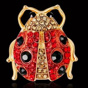 Sparkling Red & Black Crystal Ladybug Brooch in Gold Tone NEW